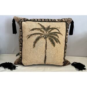BORGATA Elegant Tapestry Jacquard Palm Tree Throw Pillow 16.5 X 16.5 Tassles